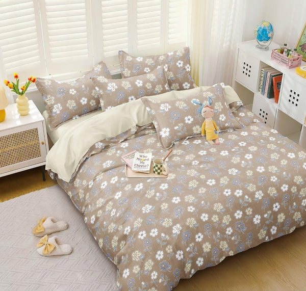 Chocolate Floral Heavy Glace Cotton 130 GSM Flat Queen Size / Double Bed bedsheet with 2 Pillow Cover