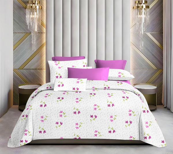 White Floral 100% Pure Cotton 180TC Flat Queen Size / Double Bed Bedsheet with 2 Pillow Cover