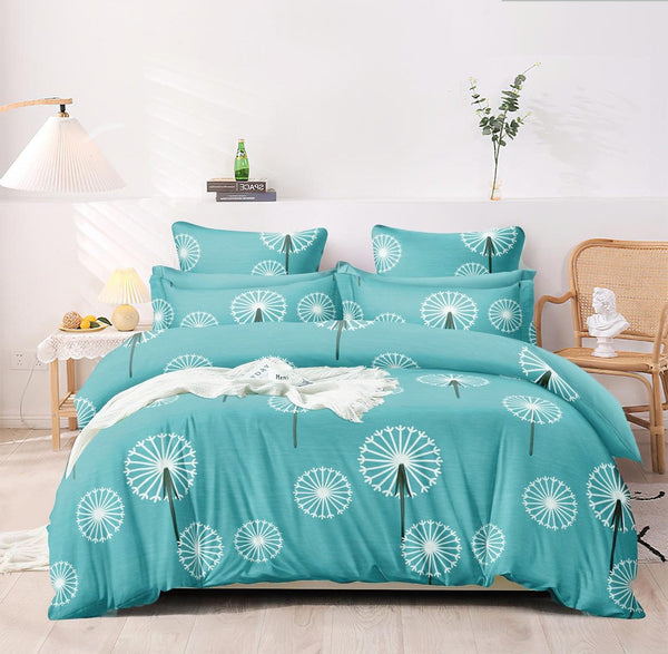 Teal Dandelion Heavy Glace Cotton 160 GSM Flat King Size bedsheet with 2 Pillow Cover