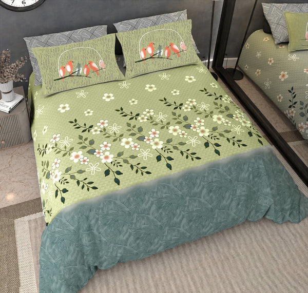 Green Floral 100% Pure Cotton 210TC Flat King Size bedsheet with 2 Pillow Cover