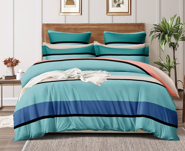 Blue Multi Strips Heavy Glace Cotton 130 GSM Flat Queen Size / Double Bed Bedsheet with 2 Pillow Cover