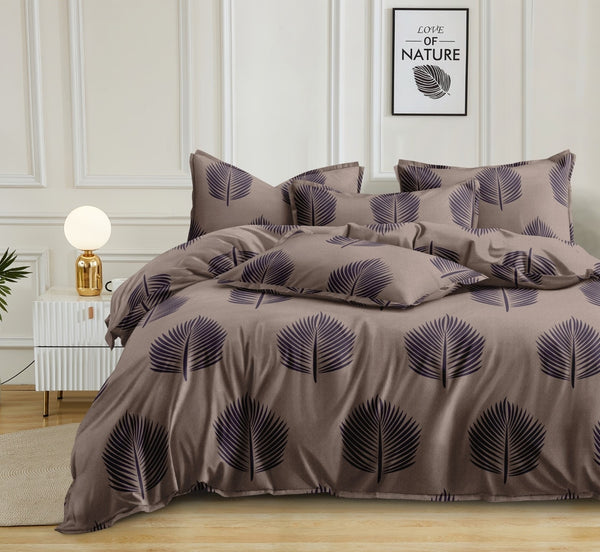 Grey Leaves Pattern Heavy Glace Cotton 130 GSM Flat Queen Size / Double Bed Bedsheet with 2 Pillow Cover