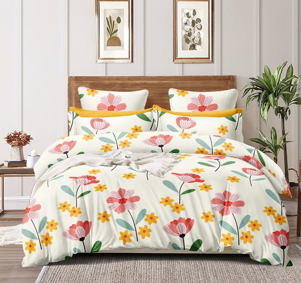 Flowers Heavy Glace Cotton 130 GSM Flat Queen Size / Double Bed Bedsheet with 2 Pillow Cover