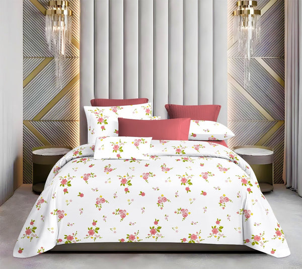 White Floral 100% Pure Cotton 180TC Flat Queen Size / Double Bed Bedsheet with 2 Pillow Cover