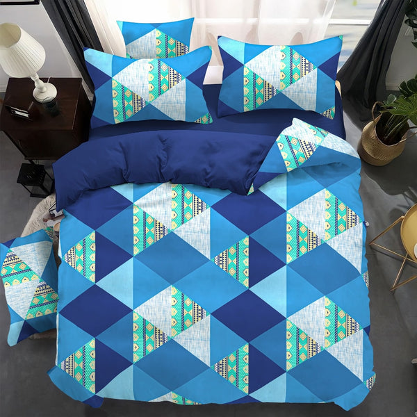 Blue Geometric 100% Pure Cotton 180TC Flat Queen Size / Double Bed bedsheet with 2 Pillow Cover