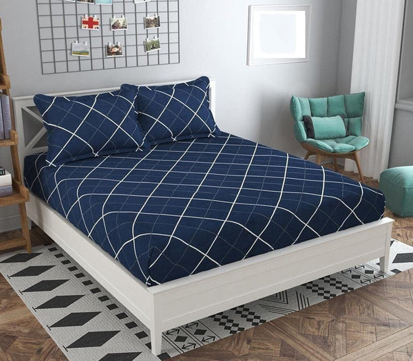 Blue Geometric Heavy Glace Cotton 130 GSM Single Size bedsheet with 1 Pillow Cover