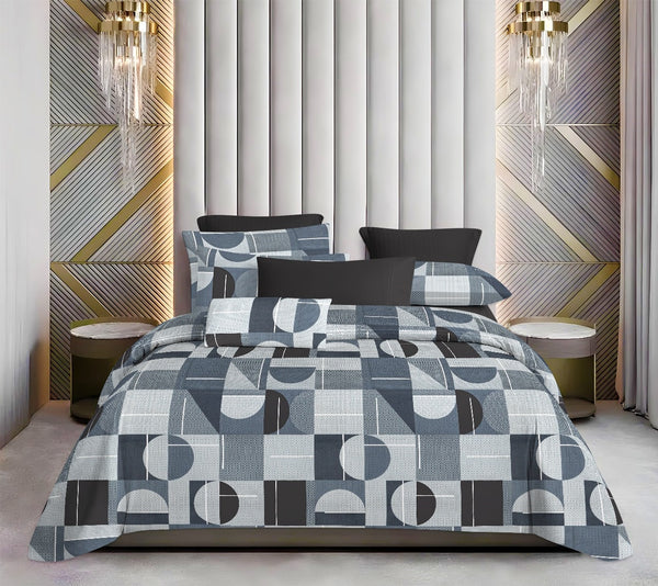 Grey Geometric 100% Pure Cotton 180TC Flat Queen Size / Double Bed Bedsheet with 2 Pillow Cover