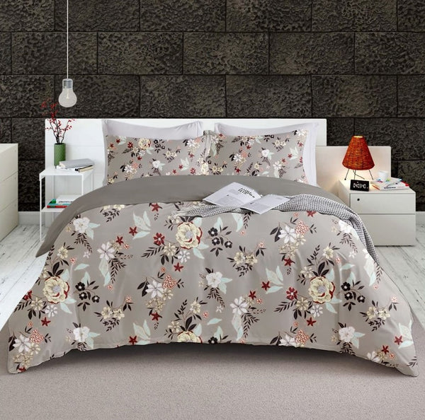 Grey Floral Heavy Glace Cotton 115 GSM Flat Queen Size / Double Bed Bedsheet with 2 Pillow Cover